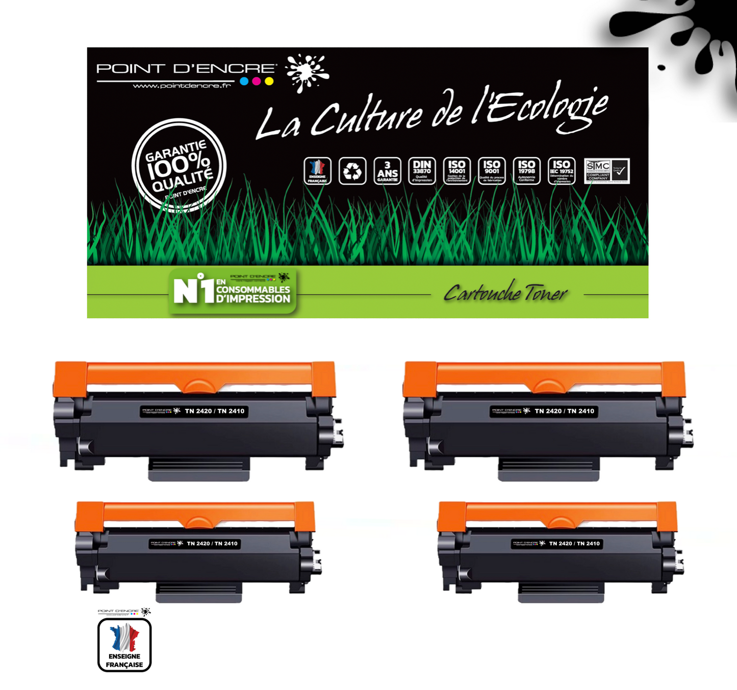 TN2420 / TN2410 Pack de 4 x cartouches d'encre Toner- Noir - Grande capacité Marque Francaise POINT D'ENCRE pour Imprimantes compatibles Brother (clp)