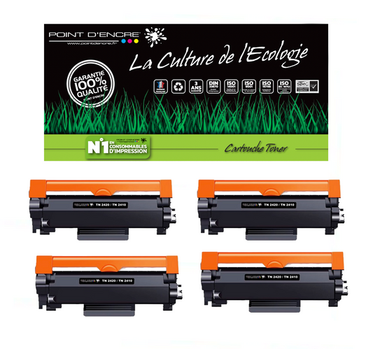 TN2420 / TN2410 Pack de 4 x cartouches d'encre Toner- Noir - Grande capacité Marque Francaise POINT D'ENCRE pour Imprimantes compatibles Brother (clp)