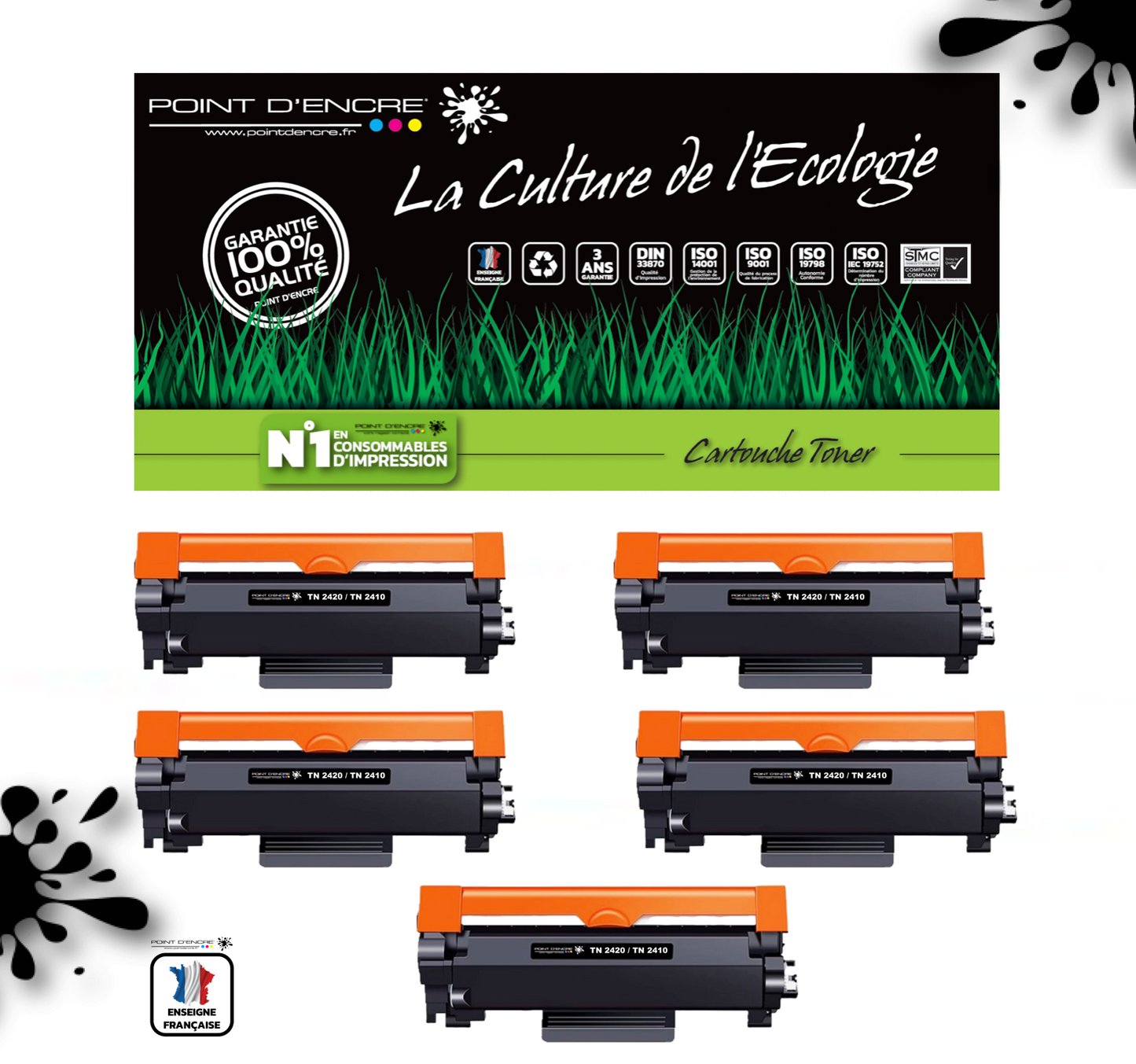 TN2420 / TN2410 Pack de 5 x cartouches d'encre Toner- Noir - Grande capacité Marque Francaise POINT D'ENCRE pour Imprimantes compatibles Brother (clp)