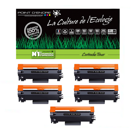 TN2420 / TN2410 Pack de 5 x cartouches d'encre Toner- Noir - Grande capacité Marque Francaise POINT D'ENCRE pour Imprimantes compatibles Brother (clp)