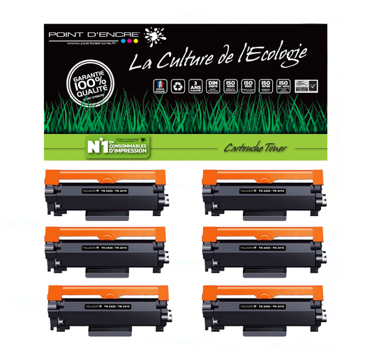 TN2420 / TN2410 Pack de 6 x cartouches d'encre Toner- Noir - Grande capacité Marque Francaise POINT D'ENCRE pour Imprimantes compatibles Brother (clp)