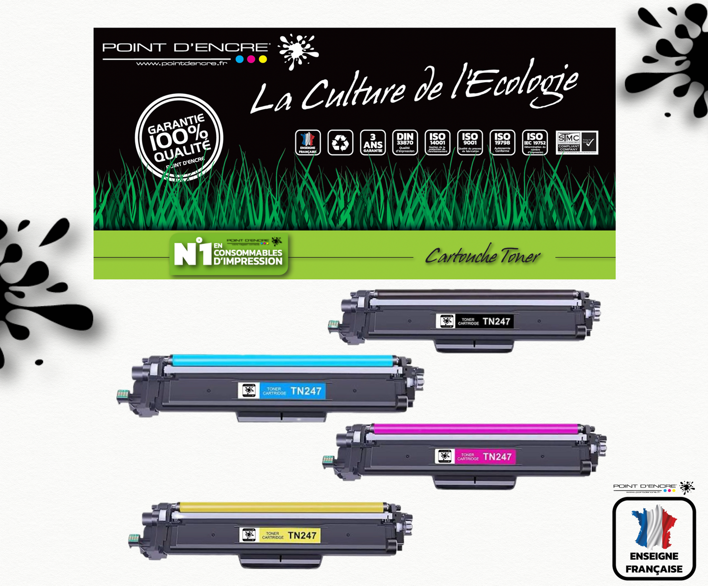 TN247 / TN243 - 4 Cartouches BK/C/M/Y/ - ABONNEMENT - Grande capacité Marque Francaise POINT D'ENCRE pour Imprimantes compatibles Brother (clbr)