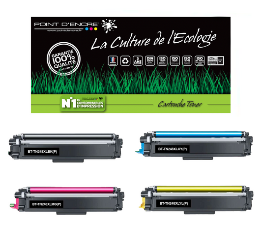 TN248XL - NOIR / CYAN / MAGENTA / JAUNE - Grande capacité Marque Francaise POINT D'ENCRE pour Imprimantes compatibles Brother (clbr)