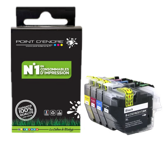 LC3219/LC3217XL - Pack de 4 Cartouches D'encre Noir/Cyan/Magenta/ Jaune - Grande capacité de Marque Française POINT D'ENCRE Pour imprimante compatible BROTHER (ceb)