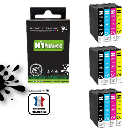 603XL - Etoile de mer - 3 X Multipack de 4 Cartouches D'encre Noir/Cyan/Magenta/ Jaune - Grande capacité de Marque Francaise POINT D'ENCRE Pour imprimante compatible EPSON  (cee)