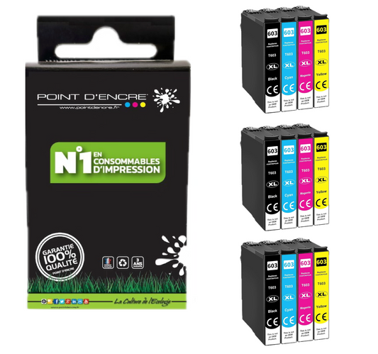 603XL - Etoile de mer - 3 X Multipack de 4 Cartouches D'encre Noir/Cyan/Magenta/ Jaune - Grande capacité de Marque Francaise POINT D'ENCRE Pour imprimante compatible EPSON  (cee)