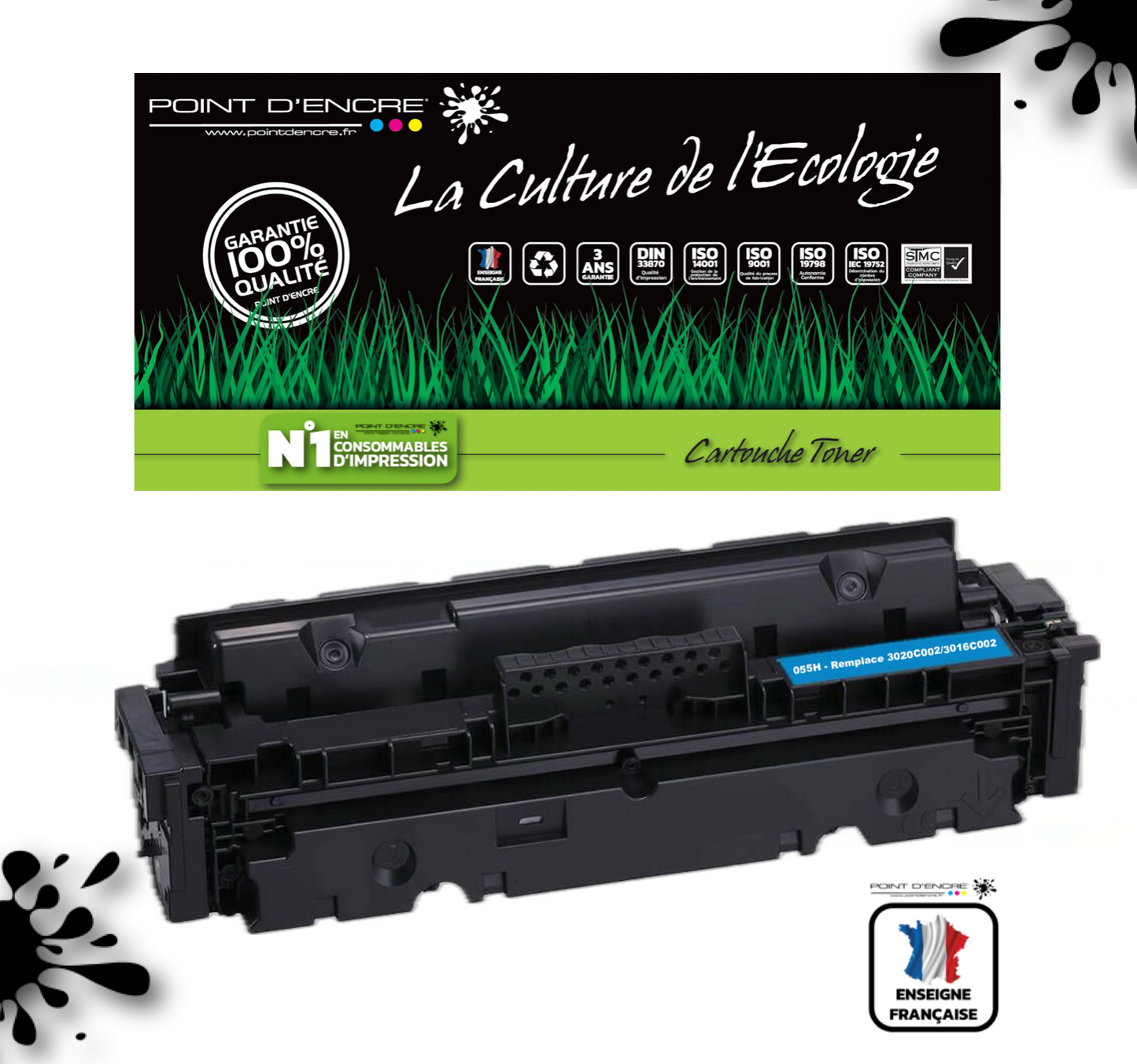 055H / 055 / 3020C002 - CYAN - Grande capacité Marque Francaise POINT D'ENCRE pour Imprimantes compatibles Canon (clca)