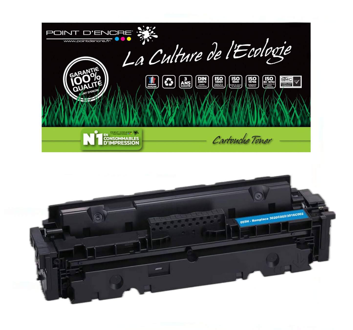 055H / 055 / 3020C002 - CYAN - Grande capacité Marque Francaise POINT D'ENCRE pour Imprimantes compatibles Canon (clca)
