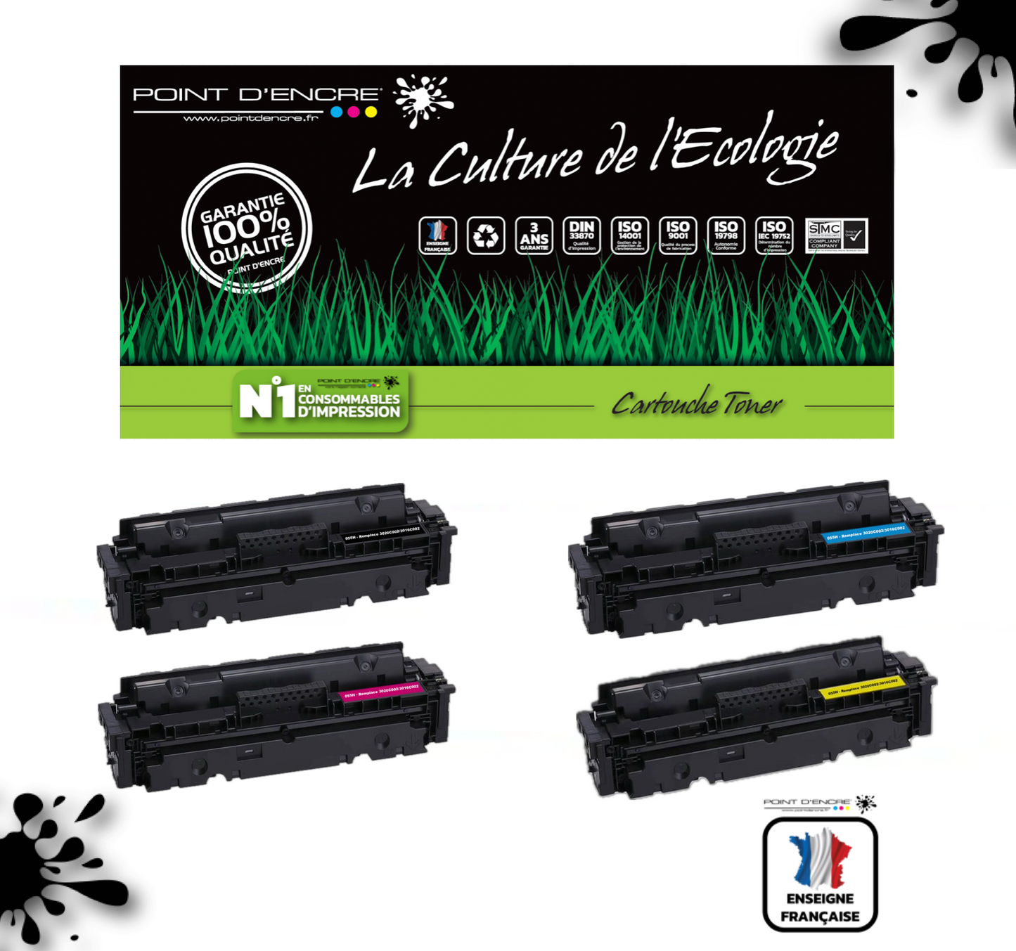 067H / 067 - ABONNEMENT -  4 Cartouches NOIR / CYAN / MAGENTA / JAUNE - Grande capacité Marque Francaise POINT D'ENCRE pour Imprimantes compatibles Canon (clca) (Copie)