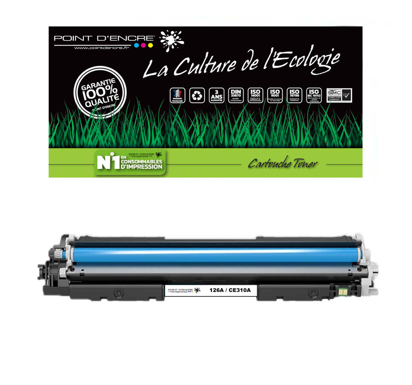 126A / CE310A - CYAN - Grande capacité Marque Francaise POINT D'ENCRE pour Imprimantes compatibles HP (clhp)