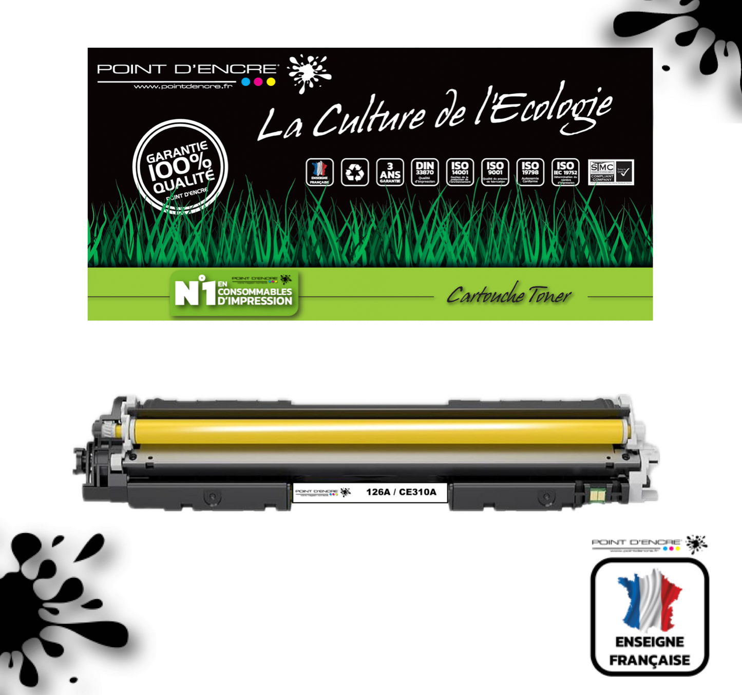 126A / CE310A - JAUNE - Grande capacité Marque Francaise POINT D'ENCRE pour Imprimantes compatibles HP (clhp)