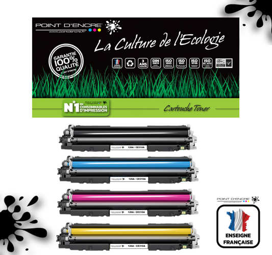 126A / CE310A - ABONNEMENT - NOIR / CYAN / MAGENTA / JAUNE - Grande capacité Marque Francaise POINT D'ENCRE pour Imprimantes compatibles HP (clhp)