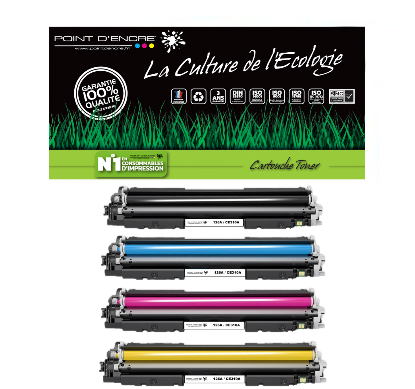 126A / CE310A - NOIR / CYAN / MAGENTA / JAUNE - Grande capacité Marque Francaise POINT D'ENCRE pour Imprimantes compatibles HP (clhp)