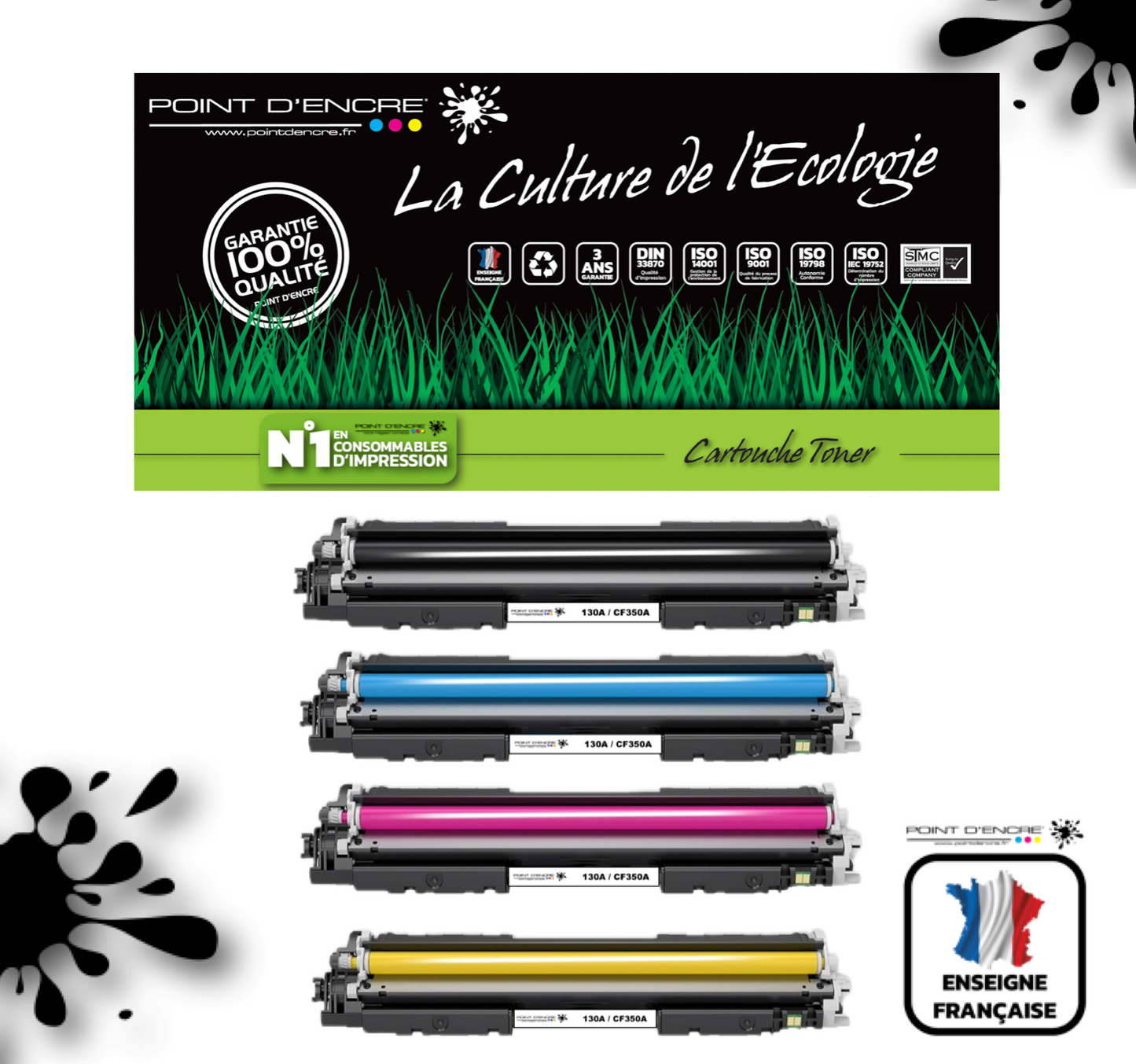 130A / CF350A - NOIR / CYAN / MAGENTA / JAUNE - Grande capacité Marque Francaise POINT D'ENCRE pour Imprimantes compatibles HP (clhp)