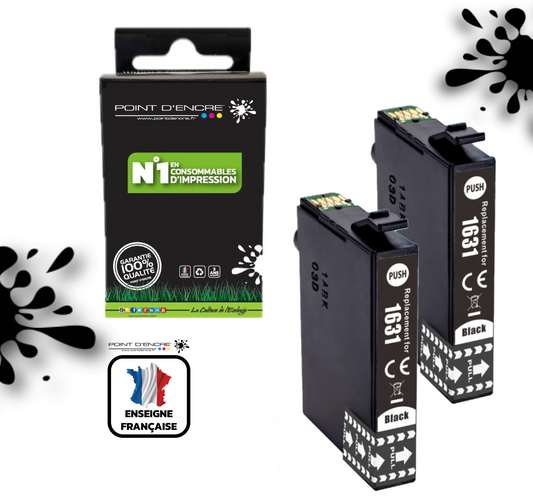 16XL - 2 X NOIR - Stylo Plume  - Grande capacité de Marque Francaise POINT D'ENCRE T1631/T1621/T1681/T1632/T1622/T1633/T1623 Pour imprimante compatible EPSON (cee)