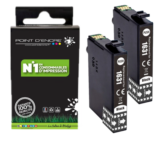 16XL - 2 X NOIR - Stylo Plume  - Grande capacité de Marque Francaise POINT D'ENCRE T1631/T1621/T1681/T1632/T1622/T1633/T1623 Pour imprimante compatible EPSON (cee)