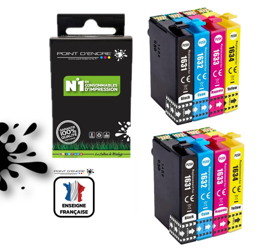16XL - Stylo Plume - 2 X Pack de 4 Cartouches D'encre Noir/Cyan/Magenta/ Jaune - Grande capacité de Marque Francaise POINT D'ENCRE T1631/T1621/T1681/T1632/T1622/T1633/T1623 Pour imprimante compatible EPSON (cee)