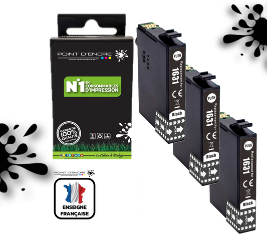 16XL - 3 X NOIR - Stylo Plume  - Grande capacité de Marque Francaise POINT D'ENCRE T1631/T1621/T1681/T1632/T1622/T1633/T1623 Pour imprimante compatible EPSON (cee)