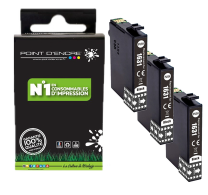 16XL - 3 X NOIR - Stylo Plume  - Grande capacité de Marque Francaise POINT D'ENCRE T1631/T1621/T1681/T1632/T1622/T1633/T1623 Pour imprimante compatible EPSON (cee)