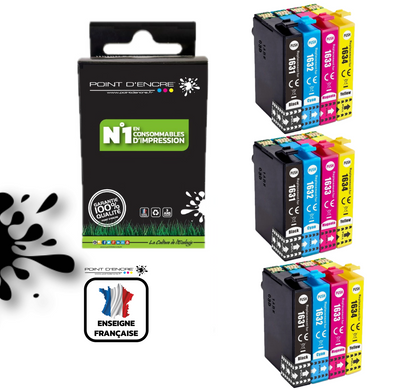 16XL - Stylo Plume - 3 X Pack de 4 Cartouches D'encre Noir/Cyan/Magenta/ Jaune - Grande capacité de Marque Francaise POINT D'ENCRE T1631/T1621/T1681/T1632/T1622/T1633/T1623 Pour imprimante compatible EPSON (cee)
