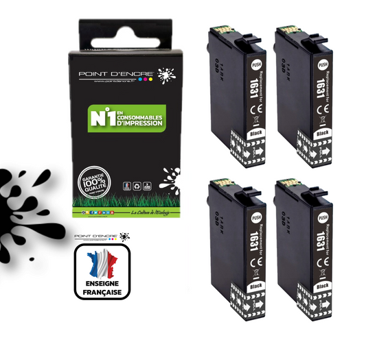 16XL - 4 X NOIR - Stylo Plume  - Grande capacité de Marque Francaise POINT D'ENCRE T1631/T1621/T1681/T1632/T1622/T1633/T1623 Pour imprimante compatible EPSON (cee)