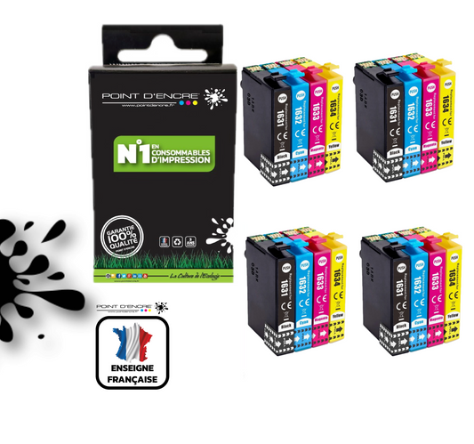 16XL - Stylo Plume - 4 X Pack de 4 Cartouches D'encre Noir/Cyan/Magenta/ Jaune - Grande capacité de Marque Francaise POINT D'ENCRE T1631/T1621/T1681/T1632/T1622/T1633/T1623 Pour imprimante compatible EPSON (cee)