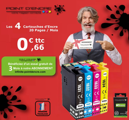 16XL - Stylo Plume - Abonnement - Pack de 4 Cartouches D'encre Noir/Cyan/Magenta/ Jaune - Grande capacité de Marque Francaise POINT D'ENCRE T1631/T1621/T1681/T1632/T1622/T1633/T1623 Pour imprimante compatible EPSON (cee)