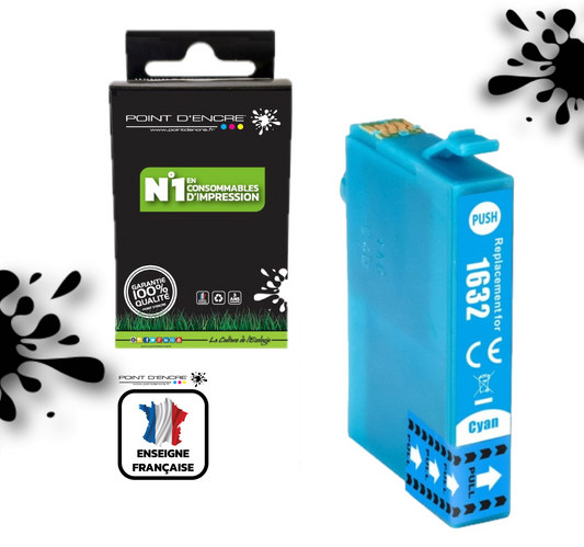 16XL - CYAN - Stylo Plume - Grande capacité de Marque Francaise POINT D'ENCRE T1631/T1621/T1681/T1632/T1622/T1633/T1623 Pour imprimante compatible EPSON (cee)