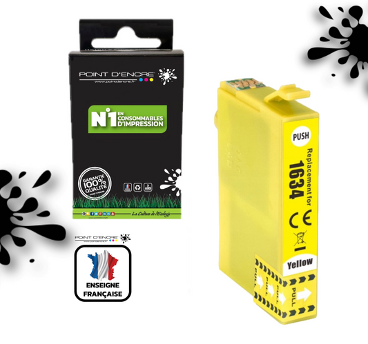 16XL - JAUNE - Stylo Plume - Grande capacité de Marque Francaise POINT D'ENCRE T1631/T1621/T1681/T1632/T1622/T1633/T1623 Pour imprimante compatible EPSON (cee)