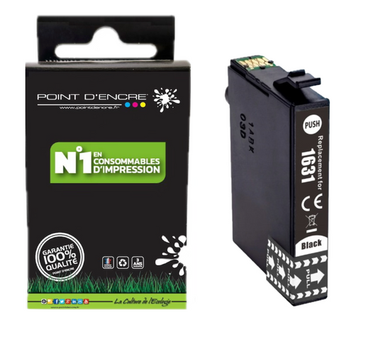 16XL - NOIR - Stylo Plume  - Grande capacité de Marque Francaise POINT D'ENCRE T1631/T1621/T1681/T1632/T1622/T1633/T1623 Pour imprimante compatible EPSON (cee)