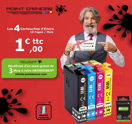 18XL - Pâquerette - ABONNEMENT - Pack de 4 Cartouches D'encre Noir/Cyan/Magenta/ Jaune - Grande capacité de Marque Francaise POINT D'ENCRE Pour imprimante compatible EPSON (cee) (Copie)