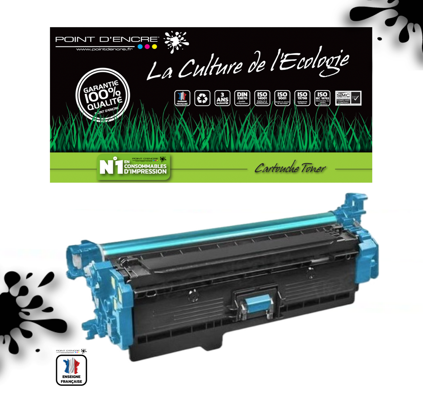 203X / CF540X - CYAN - Grande capacité Marque Francaise POINT D'ENCRE pour Imprimantes compatibles HP (clhp)