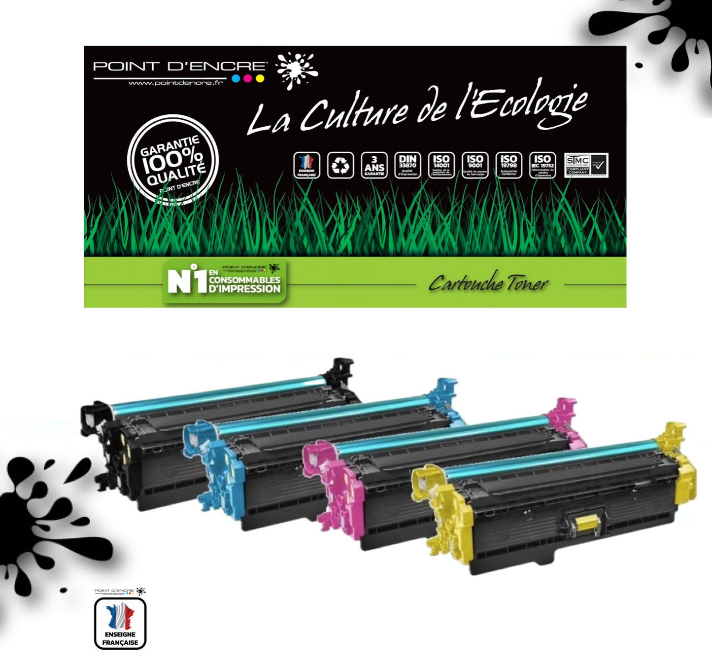 203X / CF540X - NOIR / CYAN / MAGENTA / JAUNE - Grande capacité Marque Francaise POINT D'ENCRE pour Imprimantes compatibles HP (clhp)