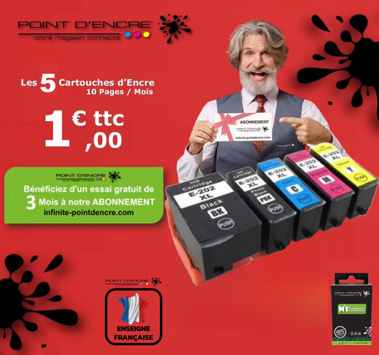 202XL - Kiwi - Abonnement - Pack de 4 Cartouches D'encre Noir/ Cyan/ Magenta/ Jaune - Grande capacité de Marque Francaise POINT D'ENCRE C13T02G74010 Pour imprimante compatible EPSON (eep)