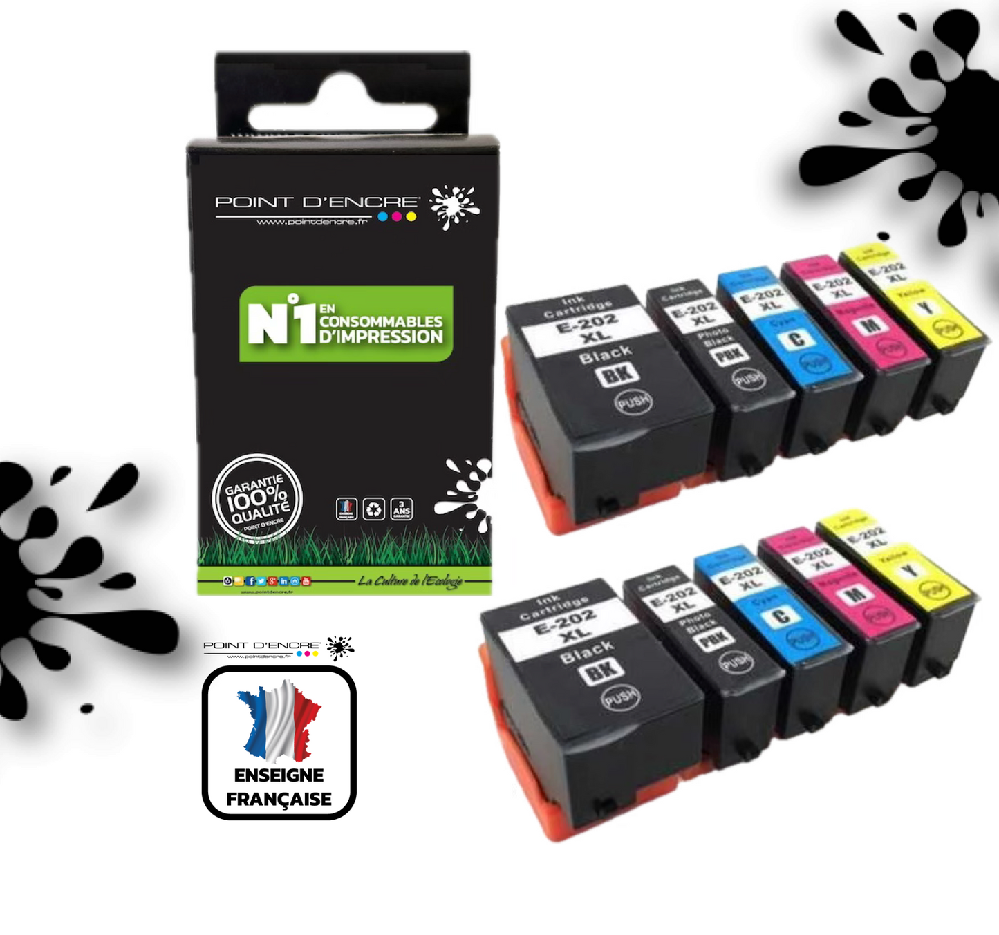 202XL - Kiwi - C13T02G74010 - 2 X Pack de 4 Cartouches D'encre Noir/ Cyan/ Magenta/ Jaune - Grande capacité de Marque Francaise POINT D'ENCRE Pour imprimante compatible EPSON (eep)