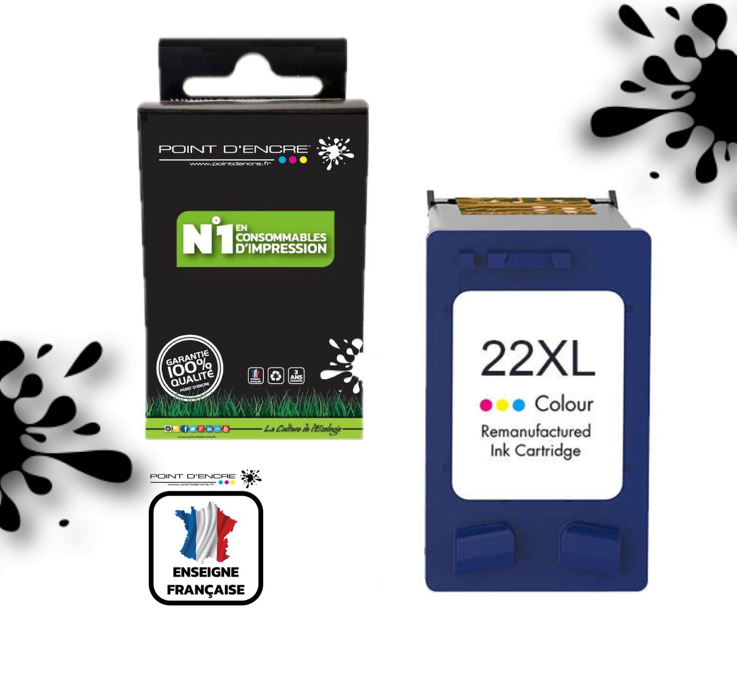 22XL - COULEUR - Grande capacité de Marque Française POINT D'ENCRE - Pour imprimante compatible HP (cehp)