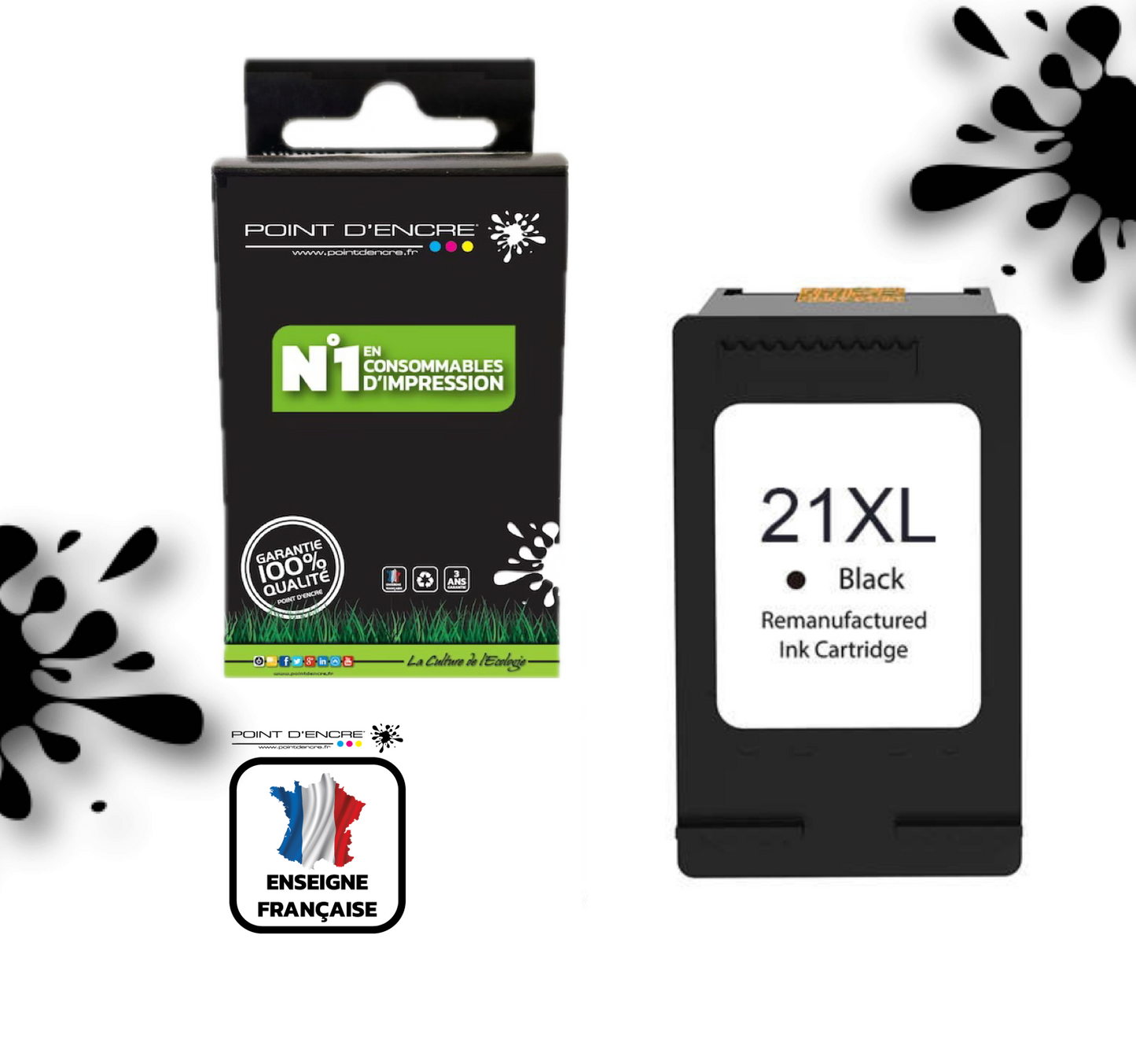 21XL - NOIR - Grande capacité de Marque Française POINT D'ENCRE - Pour imprimante compatible HP (cehp)