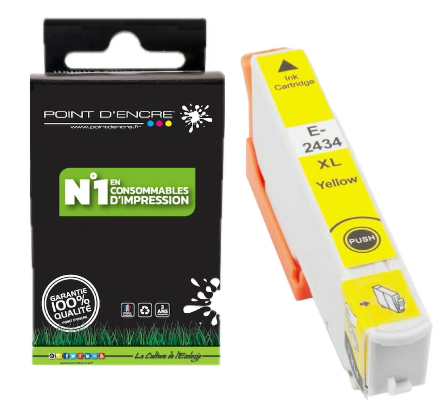 24XL - Eléphant - JAUNE - Grande capacité de Marque Francaise POINT D'ENCRE Pour imprimante compatible EPSON (cee)