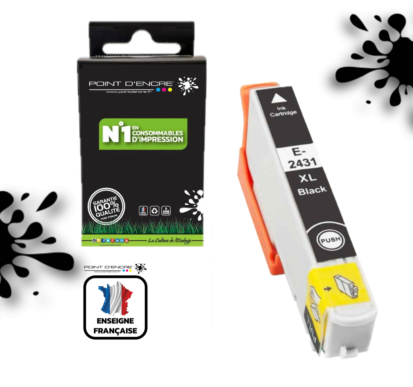 24XL - Eléphant - NOIR - Grande capacité de Marque Francaise POINT D'ENCRE Pour imprimante compatible EPSON (cee)