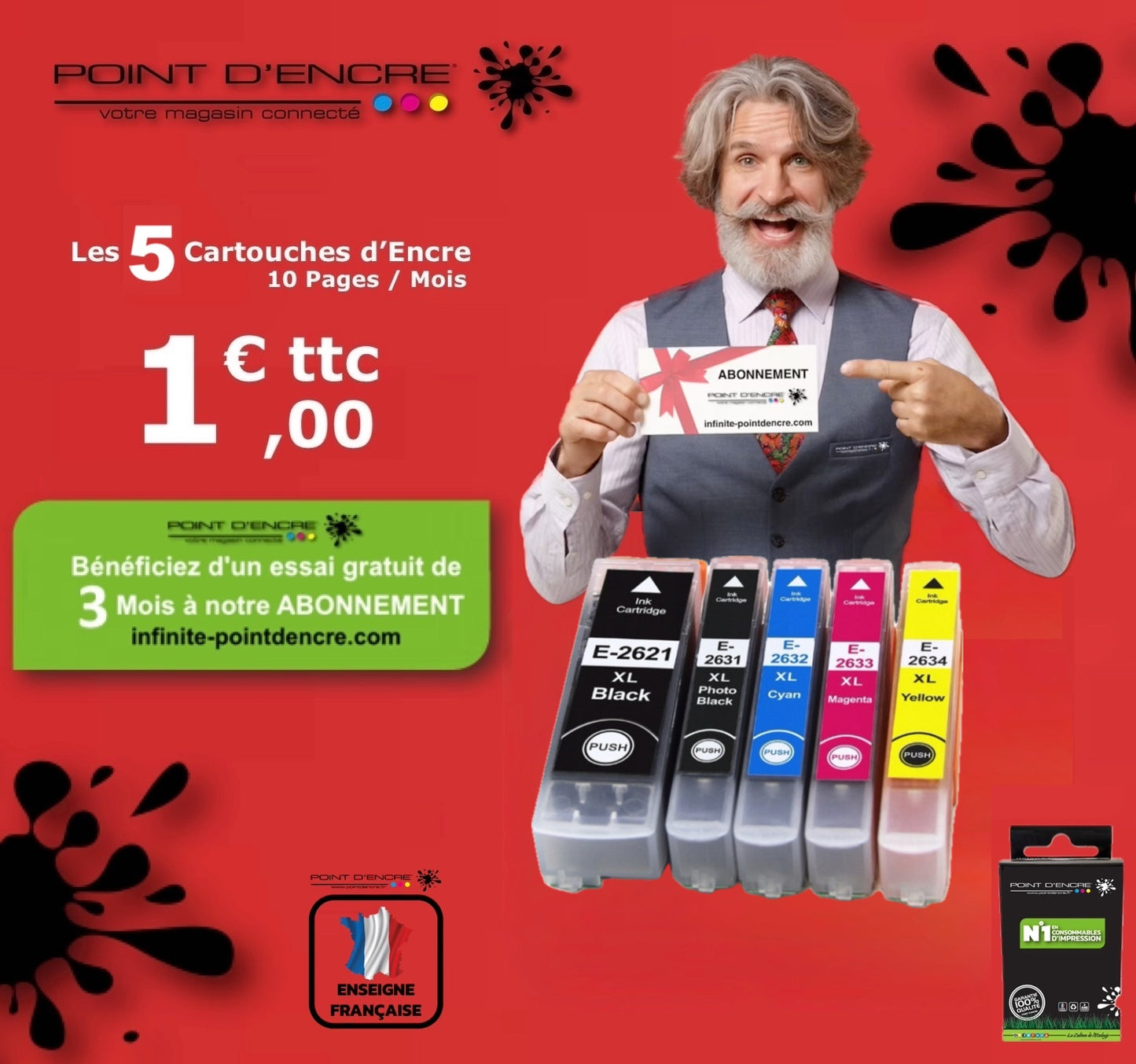 26XL - Ours - ABONNEMENT -  NOIR / CYAN / MAGENTA / JAUNE / NOIR PHOTO - Grande capacité de Marque Francaise POINT D'ENCRE Pour imprimante compatible EPSON (cee)