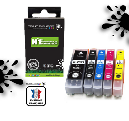 26XL - Ours - ABONNEMENT -  NOIR / CYAN / MAGENTA / JAUNE / NOIR PHOTO - Grande capacité de Marque Francaise POINT D'ENCRE Pour imprimante compatible EPSON (cee)