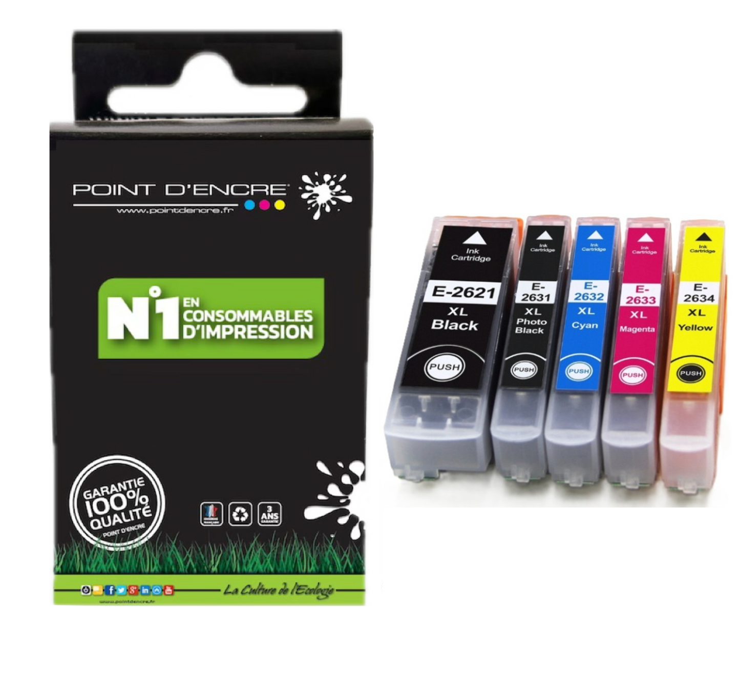 26XL - Ours - ABONNEMENT -  NOIR / CYAN / MAGENTA / JAUNE / NOIR PHOTO - Grande capacité de Marque Francaise POINT D'ENCRE Pour imprimante compatible EPSON (cee)