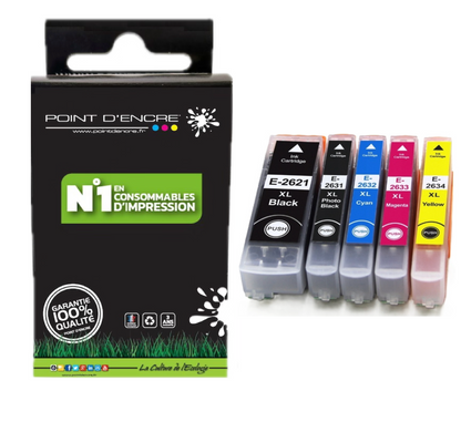 26XL - Ours - ABONNEMENT -  NOIR / CYAN / MAGENTA / JAUNE / NOIR PHOTO - Grande capacité de Marque Francaise POINT D'ENCRE Pour imprimante compatible EPSON (cee)