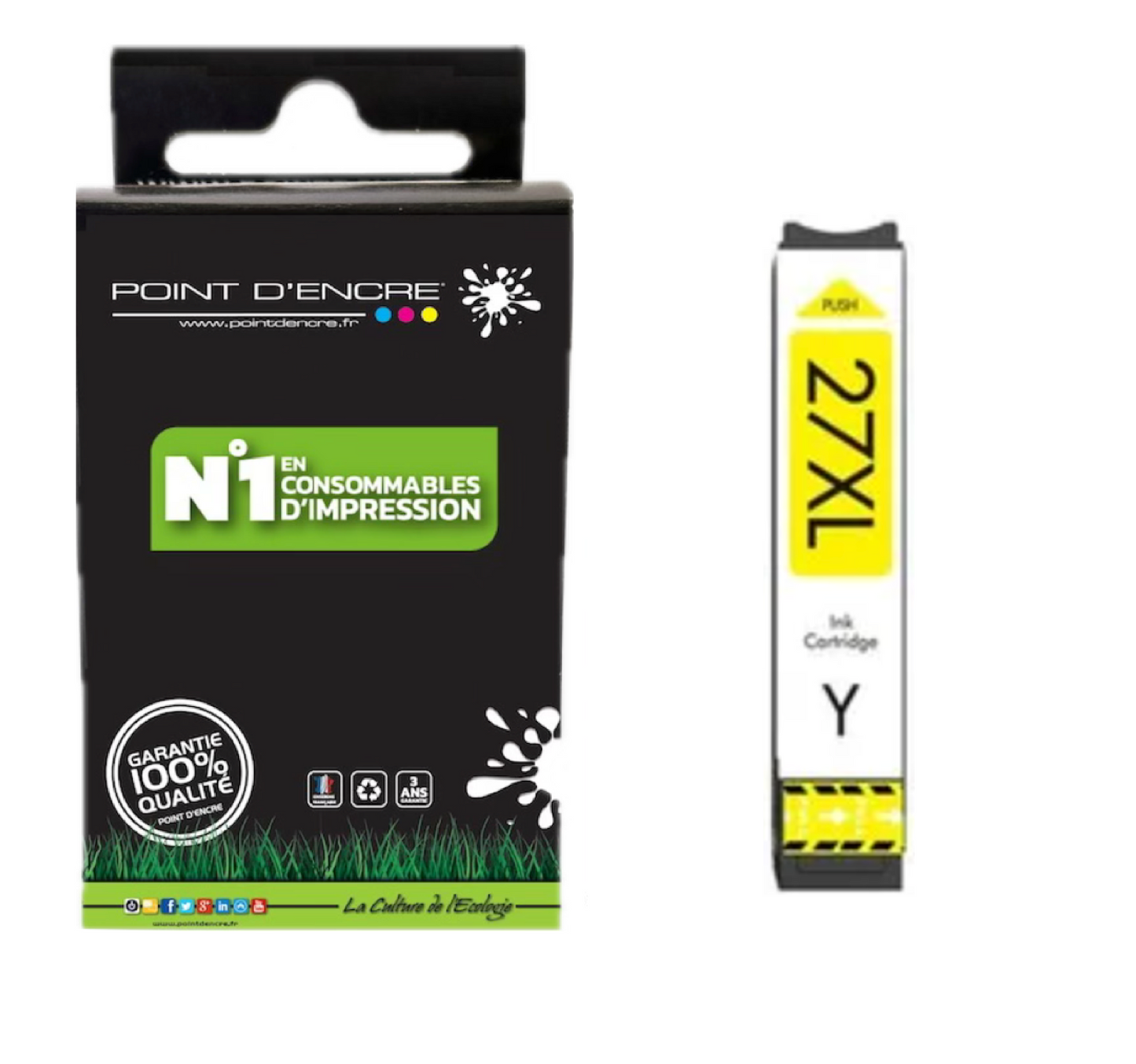 27XL - Réveil - JAUNE - Grande capacité de Marque Francaise POINT D'ENCRE Pour imprimante compatible EPSON (cee)
