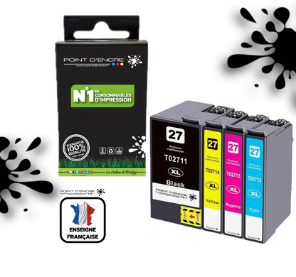 27XL - Réveil - ABONNEMENT - Pack de 4 Cartouches D'encre Noir/Cyan/Magenta/ Jaune - Grande capacité de Marque Francaise POINT D'ENCRE Pour imprimante compatible EPSON (cee)