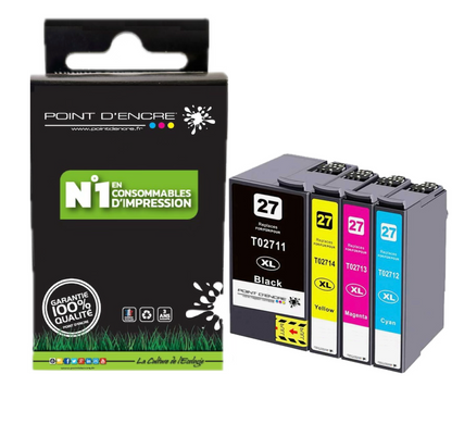 27XL - Réveil - ABONNEMENT - Pack de 4 Cartouches D'encre Noir/Cyan/Magenta/ Jaune - Grande capacité de Marque Francaise POINT D'ENCRE Pour imprimante compatible EPSON (cee)