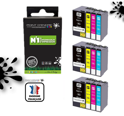 27XL - Réveil - 3 X Pack de 4 Cartouches D'encre Noir/Cyan/Magenta/ Jaune - Grande capacité de Marque Francaise POINT D'ENCRE Pour imprimante compatible EPSON (cee)