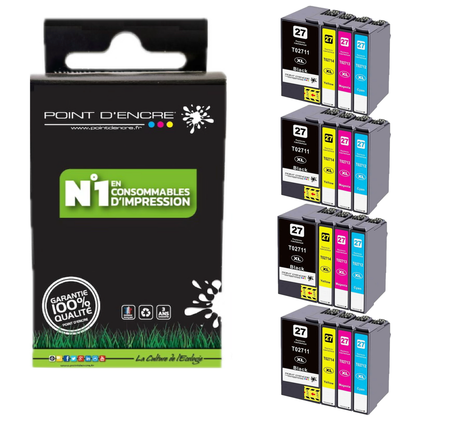 27XL - Réveil - 4 X Pack de 4 Cartouches D'encre Noir/Cyan/Magenta/ Jaune - Grande capacité de Marque Francaise POINT D'ENCRE Pour imprimante compatible EPSON (cee)