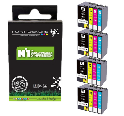 27XL - Réveil - 4 X Pack de 4 Cartouches D'encre Noir/Cyan/Magenta/ Jaune - Grande capacité de Marque Francaise POINT D'ENCRE Pour imprimante compatible EPSON (cee)