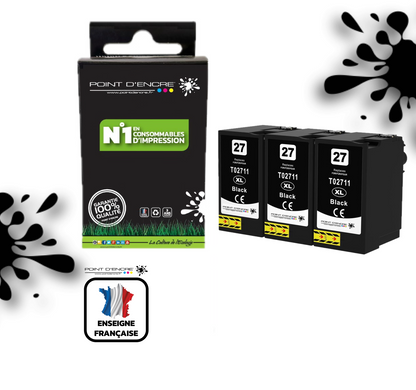 27XL - Réveil - 3 X NOIR - Grande capacité de Marque Francaise POINT D'ENCRE Pour imprimante compatible EPSON (cee)